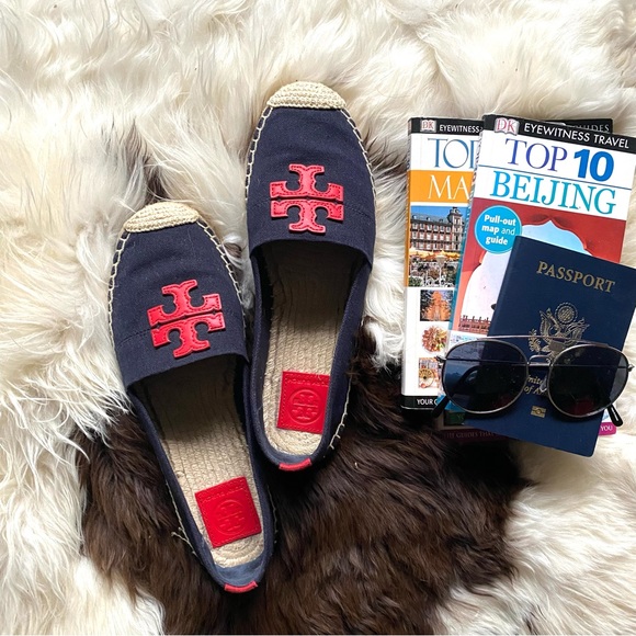 Tory Burch Shoes - TORY BURCH Weston Navy Canvas Red Logo Espadrille Size 8